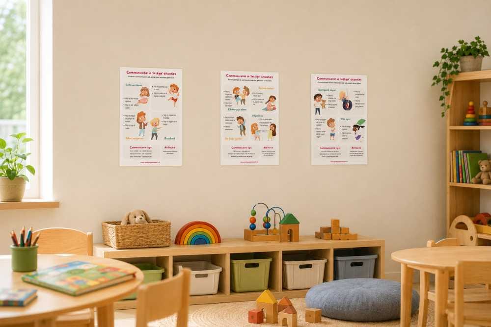 Drie pedagogische posters over communicatie met kinderen en gedrag in lastige situaties in een kinderopvangruimte