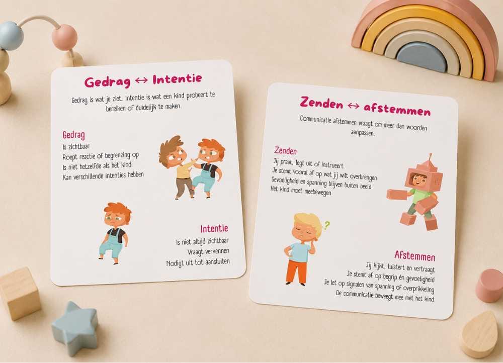 Stellingkaart uit de pedagogische kaartenset over het begeleiden van kinderen tijdens overgangen en veranderingen in de dag.