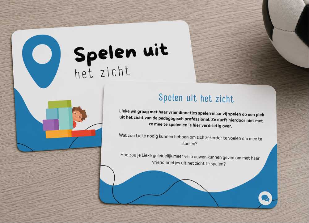 Reflectiekaart uit de pedagogische kaartenset over non-verbale communicatie, houding en aanwezigheid van professionals tijdens het vrije spel van kinderen.